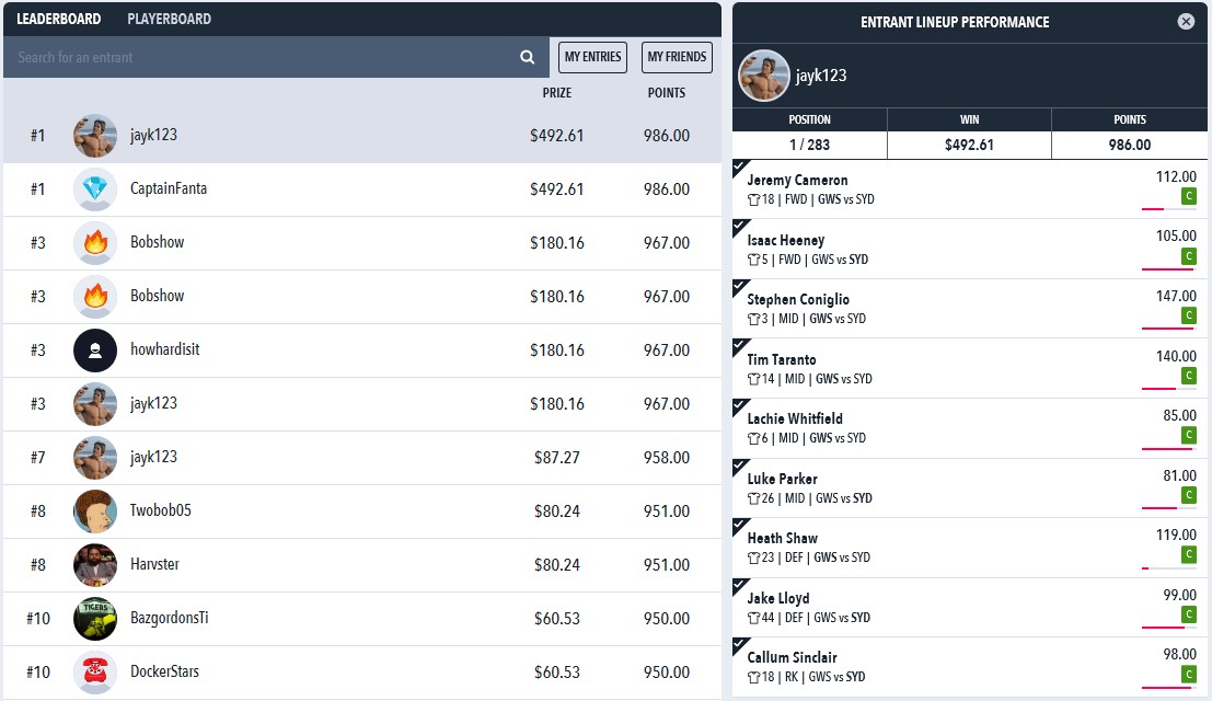 Draftstars AFL Results