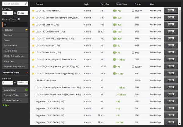 draftkings LOL lobby