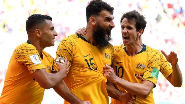 Socceroos celebrating goal