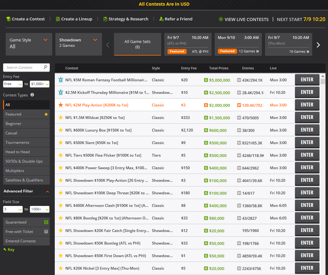 Draftkings NFL lobby 2018