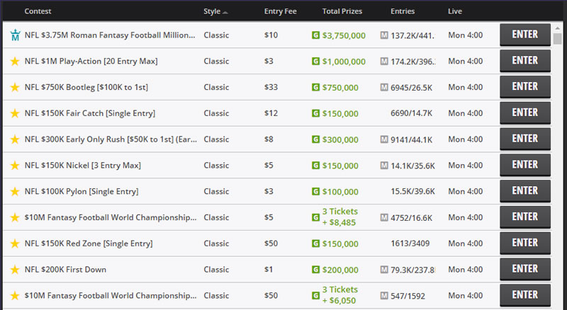 DraftKings Lobby Week 6 Sunday