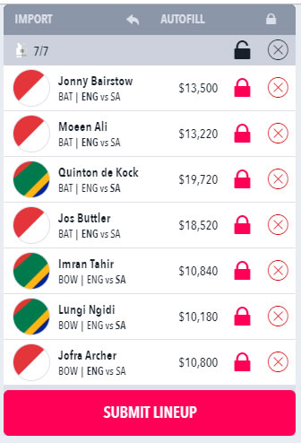 Draftstars World Cup England vs South Africa Lineup